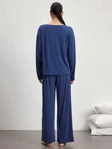 Ocili 極簡舒適無領軟質女款居家休閒套裝 - 水鴨藍 - 查看 3