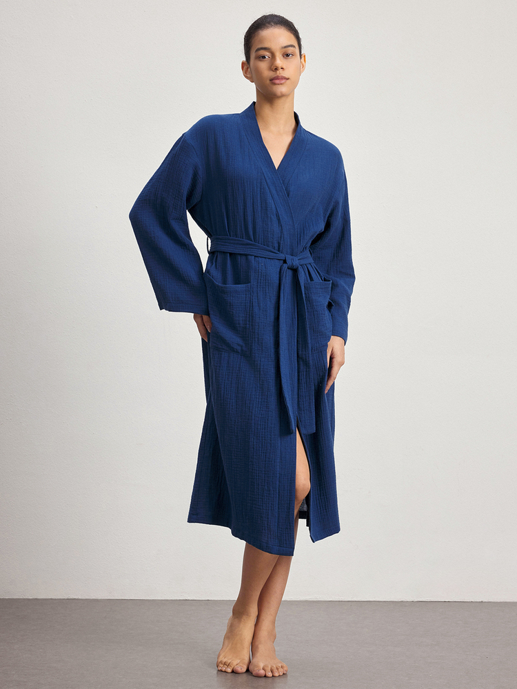 Ocili Comfortable Pure Cotton Soft Mesh Double Layer Robe Women's Loungewear Long Robe - Teal Blue - View 4