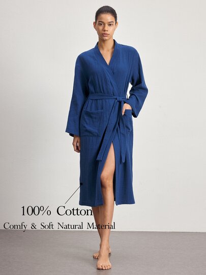 Ocili Comfortable Pure Cotton Soft Mesh Double Layer Robe Women's Loungewear Long Robe