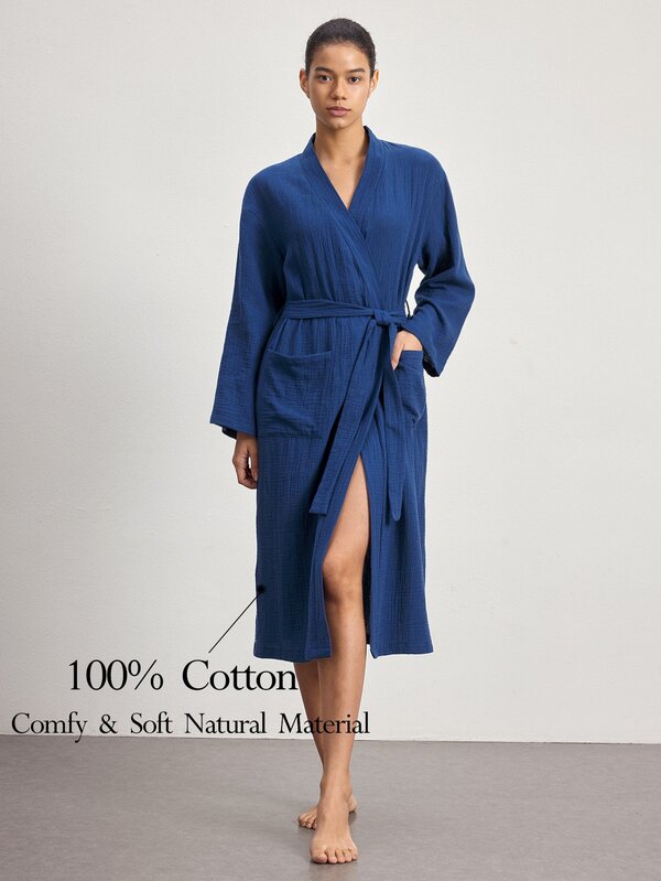 Ocili Comfortable Pure Cotton Soft Mesh Double Layer Robe Women's Loungewear Long Robe