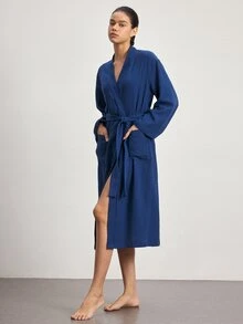 Ocili 舒適純棉軟網雙層女款居家長款睡袍 - 水鴨藍 - 查看 5