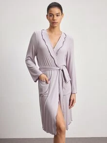Ocili 舒適羅紋人造絲對比色荷葉邊飾小翻領柔軟短款女款居家睡袍 - 淺灰紫 - 查看 5
