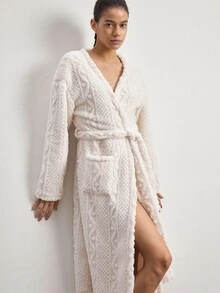Ocili Jubah Santai Wanita Model Bahu Longgar Lengan Panjang dengan Ikat Pinggang dan Saku - Aprikot - View 7
