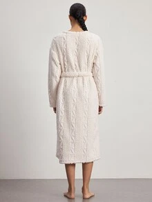 Ocili Jubah Santai Wanita Model Bahu Longgar Lengan Panjang dengan Ikat Pinggang dan Saku - Aprikot - View 3