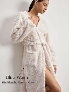 Ocili Jubah Santai Wanita Model Bahu Longgar Lengan Panjang dengan Ikat Pinggang dan Saku - Aprikot - View 1