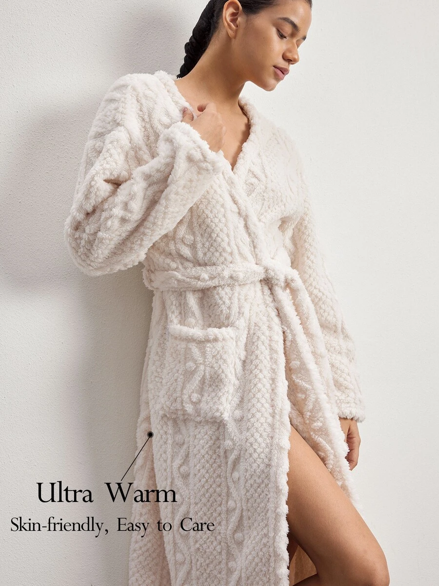 Ocili Jubah Santai Wanita Model Bahu Longgar Lengan Panjang dengan Ikat Pinggang dan Saku - Aprikot - View 1