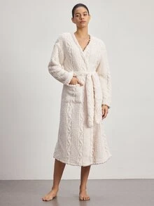 Ocili Jubah Santai Wanita Model Bahu Longgar Lengan Panjang dengan Ikat Pinggang dan Saku - Aprikot - View 4