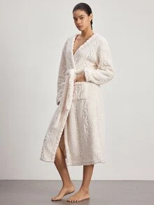 Ocili Jubah Santai Wanita Model Bahu Longgar Lengan Panjang dengan Ikat Pinggang dan Saku - Aprikot - View 5