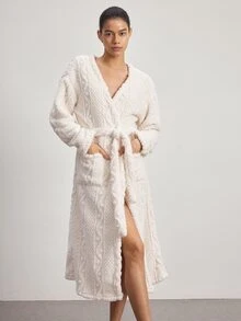 Ocili Jubah Santai Wanita Model Bahu Longgar Lengan Panjang dengan Ikat Pinggang dan Saku - Aprikot - View 2