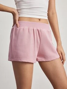 Ocili Women's Spring/Summer Basic Casual Fashion Minimalist Light Gray Floral Knit Ribbed Waistband Cuffed Hem Low Waist Super Shorts Loungewear - Baby Pink - View 4