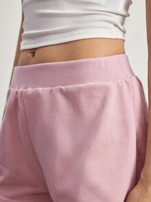 Ocili Women's Spring/Summer Basic Casual Fashion Minimalist Light Gray Floral Knit Ribbed Waistband Cuffed Hem Low Waist Super Shorts Loungewear - Baby Pink - View 3