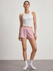 Ocili Women's Spring/Summer Basic Casual Fashion Minimalist Light Gray Floral Knit Ribbed Waistband Cuffed Hem Low Waist Super Shorts Loungewear - Baby Pink - View 5