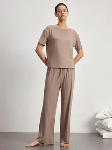 Ocili 舒適絲滑短袖上衣與長褲套裝 女款居家服 - 卡其色 - 查看 4