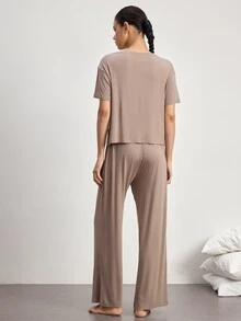 Ocili 舒適絲滑短袖上衣與長褲套裝 女款居家服 - 卡其色 - 查看 3