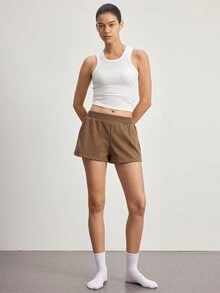 Ocili 女款春夏基礎休閒時尚極簡淺灰色針織羅紋腰頭收口下擺低腰超短居家褲 - 卡其色 - 查看 5