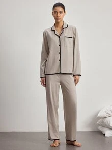 Ocili Women's Casual Home Knit 100% Cotton Turn Collar Long Sleeve Pajama Set - Khaki - View 4
