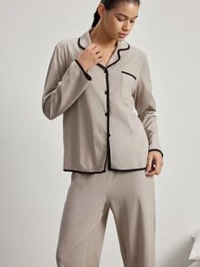 Ocili Women's Casual Home Knit 100% Cotton Turn Collar Long Sleeve Pajama Set - Khaki - View 5