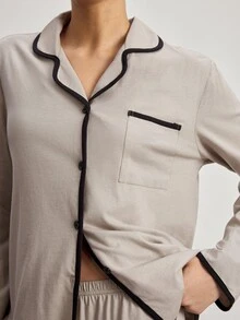 Ocili Women's Casual Home Knit 100% Cotton Turn Collar Long Sleeve Pajama Set - Khaki - View 6