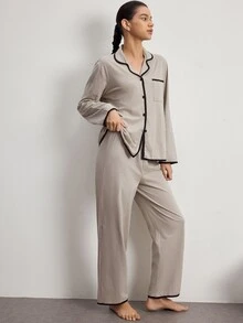 Ocili Women's Casual Home Knit 100% Cotton Turn Collar Long Sleeve Pajama Set - Khaki - View 2