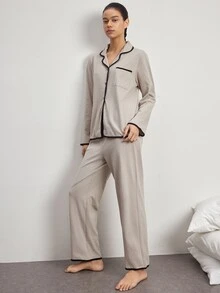 Ocili Women's Casual Home Knit 100% Cotton Turn Collar Long Sleeve Pajama Set - Khaki - View 7