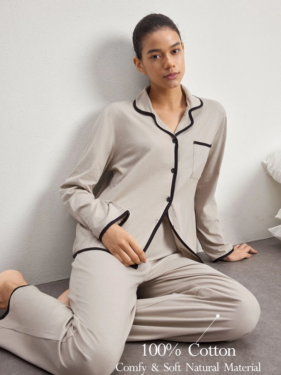 Ocili Women's Casual Home Knit 100% Cotton Turn Collar Long Sleeve Pajama Set - Khaki - View 1