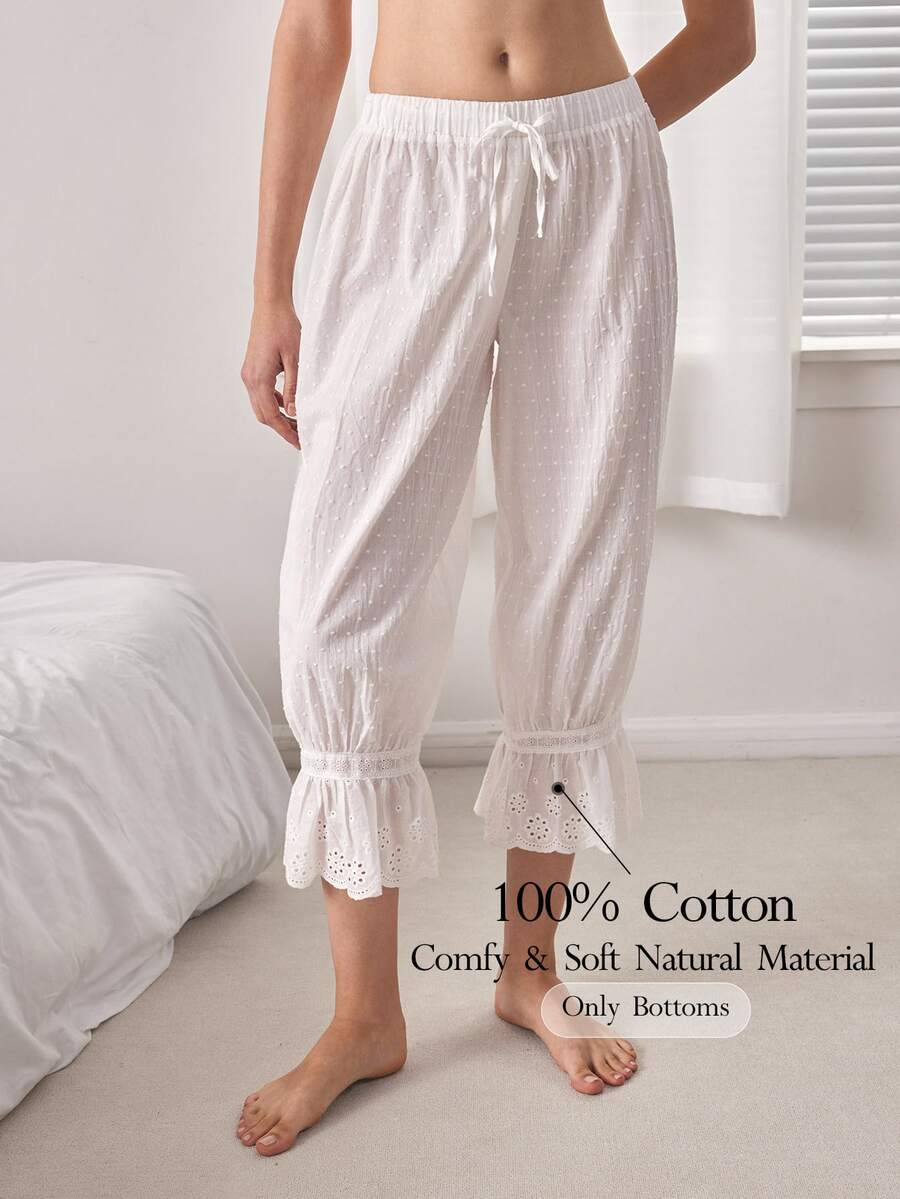 Ocili Quần mặc nhà nữ màu trơn thắt eo, gấu bèo nhún, dáng lửng - trắng - Xem 1