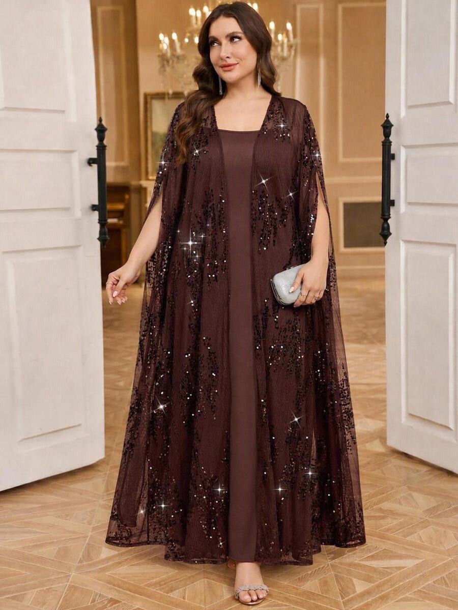 Reflora Plus Size Sequin Mesh Long Robe Dress 2 Pieces Set Evening Formal Cocktail Wedding Guest Brown Chocolate Brown Summer Elegant Casual