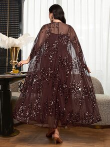 Reflora 大尺碼亮片網紗長款晨袍洋裝兩件套 晚宴正式場合雞尾酒會婚禮賓客穿搭 巧克力棕色 夏季優雅休閒 - 藍白色 - 查看 4