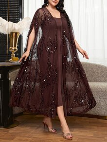 Reflora 大尺碼亮片網紗長款晨袍洋裝兩件套 晚宴正式場合雞尾酒會婚禮賓客穿搭 巧克力棕色 夏季優雅休閒 - 藍白色 - 查看 8