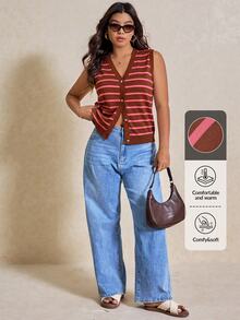 Elaquor Plus Size Women Pink Single-Breasted Casual Streetwear Knitted Vest In Autumn Back-To-School Graduation - Coffee Brown - View 9