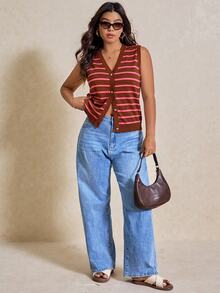 Elaquor Plus Size Women Pink Single-Breasted Casual Streetwear Knitted Vest In Autumn Back-To-School Graduation - Coffee Brown - View 2