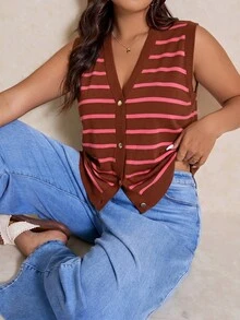 Elaquor Plus Size Women Pink Single-Breasted Casual Streetwear Knitted Vest In Autumn Back-To-School Graduation - Coffee Brown - View 4