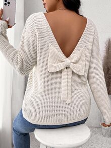 SHEIN Frenchy Plus Size Women's Solid Color Bowknot Decorated Drop Shoulder Long Sleeve Pullover Sweater, Autumn Winter Fall Fall/Winter - White - View 1