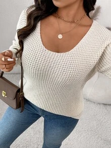 SHEIN Frenchy Plus Size Women's Solid Color Bowknot Decorated Drop Shoulder Long Sleeve Pullover Sweater, Autumn Winter Fall Fall/Winter - White - View 6