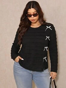 Elaquor Plus Size French Style Versatile Bow Decor Textured Long Sleeve T-Shirt Fall - Black - View 1