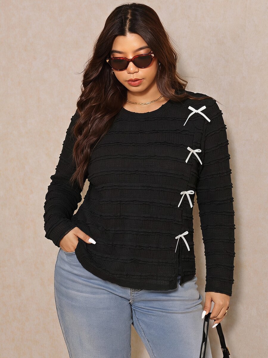 Elaquor Plus Size French Style Versatile Bow Decor Textured Long Sleeve T-Shirt Fall - Black - View 1