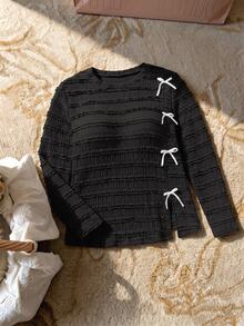 Elaquor Plus Size French Style Versatile Bow Decor Textured Long Sleeve T-Shirt Fall - Black - View 3