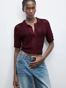 Maija Regular Loose Drop Shoulder Short Sleeve Crew Neck Knit Cardigan Brunch Everyday Black Summer French Casual Elegant - Burgundy - View 5