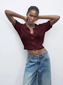 Maija Regular Loose Drop Shoulder Short Sleeve Crew Neck Knit Cardigan Brunch Everyday Black Summer French Casual Elegant - Burgundy - View 7