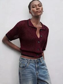 Maija Regular Loose Drop Shoulder Short Sleeve Crew Neck Knit Cardigan Brunch Everyday Black Summer French Casual Elegant - Burgundy - View 9