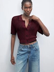 Maija Regular Loose Drop Shoulder Short Sleeve Crew Neck Knit Cardigan Brunch Everyday Black Summer French Casual Elegant - Burgundy - View 6
