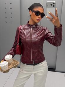 Muchica 女款酒紅色PU皮革機車夾克，修身立領長袖拉鍊式 biker 外套，休閒秋冬街頭風外出外套 - 酒紅色 - 查看 1