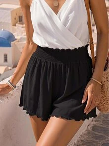 SHEIN VCAY Shirred Waist Lettuce Trim Black Shorts - Black - View 2