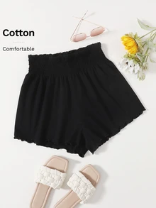 SHEIN VCAY Shirred Waist Lettuce Trim Black Shorts - Black - View 1