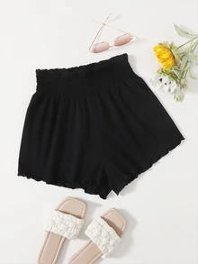 SHEIN VCAY Shirred Waist Lettuce Trim Black Shorts - Black - View 7