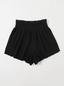 SHEIN VCAY Shirred Waist Lettuce Trim Black Shorts - Black - View 4