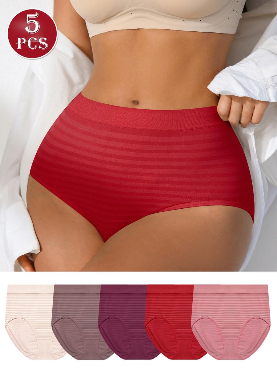 SHEIN 女款舒適彈性高腰條紋無縫全包圍內褲 - 彩色 - 查看 1