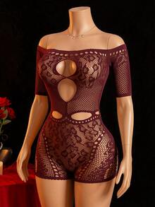 ChaseTheNight Women's Black Mesh Leopard Print Off-Shoulder Short Bodysuit, Party & Nightclub Outfit - Burgundy - View 1