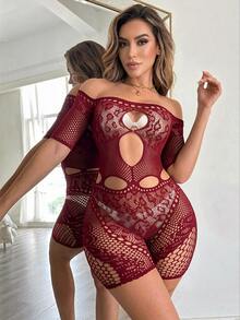 ChaseTheNight Women's Black Mesh Leopard Print Off-Shoulder Short Bodysuit, Party & Nightclub Outfit - Burgundy - View 6