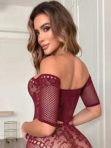 ChaseTheNight Women's Black Mesh Leopard Print Off-Shoulder Short Bodysuit, Party & Nightclub Outfit - Burgundy - View 2